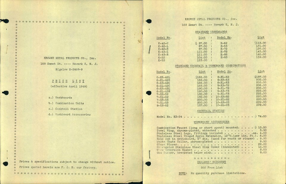 1949 - Krowne's first official Price List. Only 2 pages, including the cover, Krowne was just starting to build its product line.