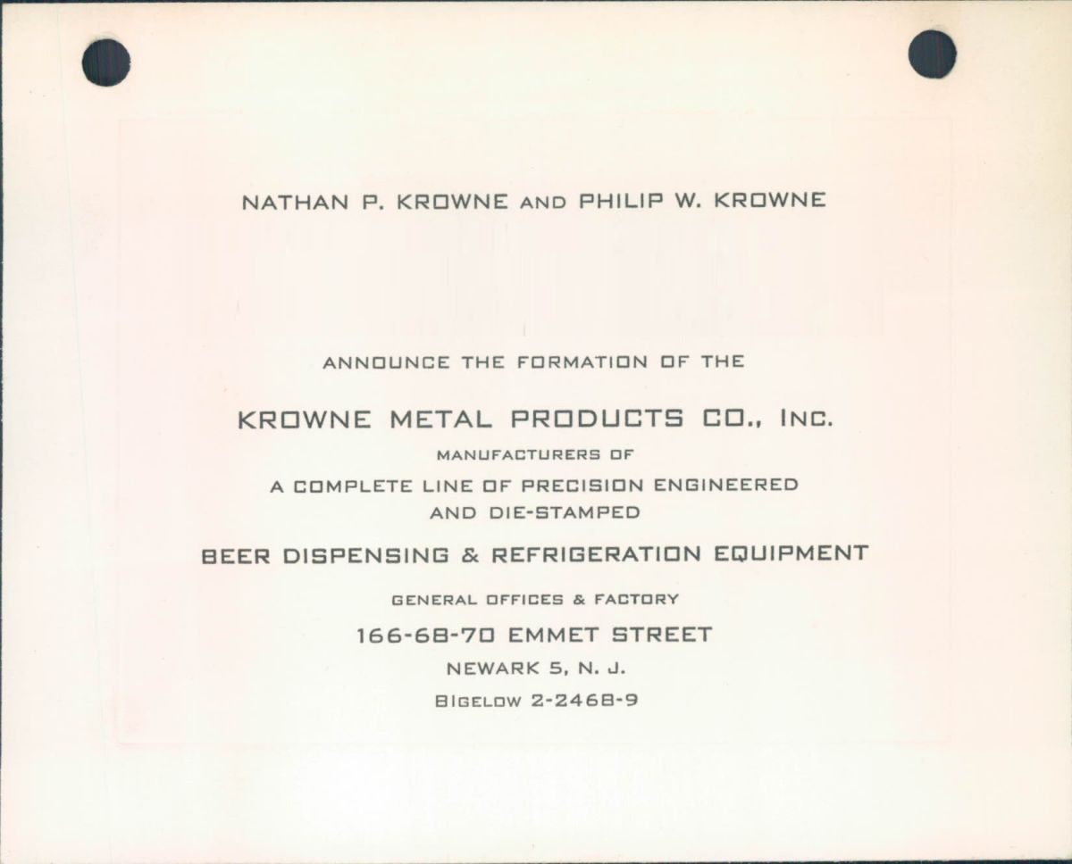 Original Krowne Metal Products formation announcement