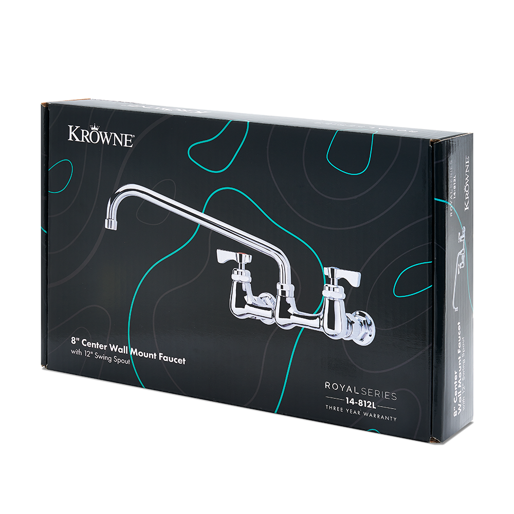Krowne Commercial Pre-Rinse Faucet - Wall Mount With 12" Swing Spout, 1.2 GPM, Chrome, NSF Certified
